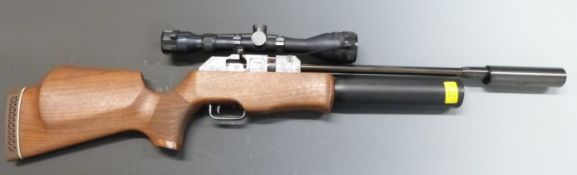 Theoben Rapid 7 .22 PCP air rifle with semi-pistol grip, raised cheek piece, sound moderator,