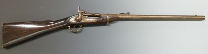 Snider percussion hammer action carbine rifle with border engraved lock and hammer, brass trigger