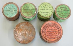 Six F Joyce & Co percussion cap tins, some sealed.