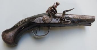 Indistinctly named flintlock double barrelled side by side pocket pistol with silver wire and