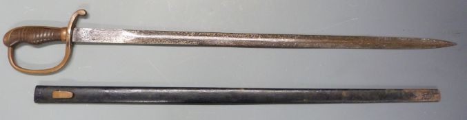 Continental 19thC sword with stirrup guard and wooden grip, the 67cm double edged blade with some