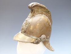 Brass Merryweather Fireman's helmet with crossed axes helmet plate, chin strap and liner