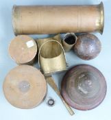 A collection of trench art including two shell case boxes, mini coal scuttle, letter opener