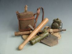 British WW2 entrenching tool with canvas carrier, water bottle, signalling lamp, torch etc