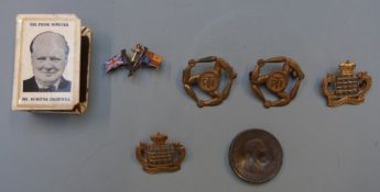 Two brass Royal Gloucestershire Hussars collar badges, physical training instructor's badges, pin
