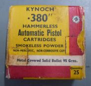 Twenty-five Kynoch .380 hammerless automatic pistol cartridges, in original box PLEASE NOTE THAT A