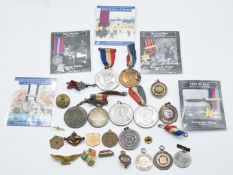 Small collection of medals and badges including Palestine Police 1932-1933, Dowbiggin Cup medal