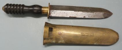 Brass diver's knife with sheath stamped no-magnetic 0433-431-7339, blade length 19cm. PLEASE NOTE