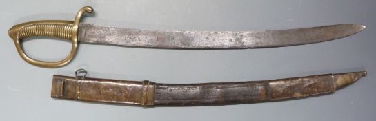Early 19thC French Briquet / short sword with brass grip and 13 to guard, 57cm blade and scabbard.