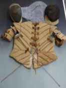 Two fencing swords/epées by Leon Paul, two fencing masks and a padded jacket