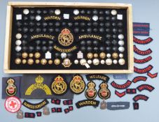Collection of Civil Defence, ARP, VAD etc buttons and badges, including three silver hallmarked