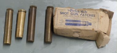 Four British Army oil bottle, three with Ministry marks, together with a box of shotgun patches
