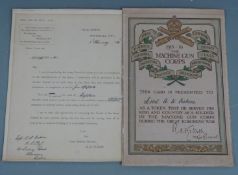 British Army WW1 Machine Gun Corps certificate presented to Lieutenant A W Erskine and his
