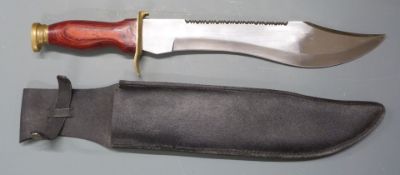 Large hunting / survival knife with Bowie style serrated 30.5cm blade and leather sheath
