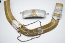 British Army 19th Hussars officer's pouch belt and pouch, the leather belt faced in gold braid/ lace