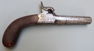William Hollis of Cheltenham percussion hammer action pocket pistol with engraved lock, named top