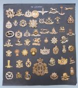 Fifty-two British Army cap badges including Harrow Rifles, North Staffordshire Regiment, Scottish