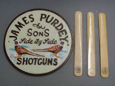 James Purdey & Sons Side By Side Shotguns cast metal shop display or advertising sign, 23cm in