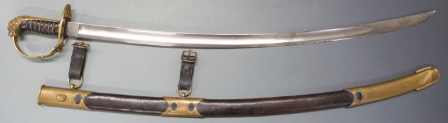 British 1803 pattern 20thC reproduction Flank Officer's sword with lion's head pommel, leather and