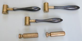 Three James Dixon & Sons brass adjustable powder and shot measures all with turned wooden handles