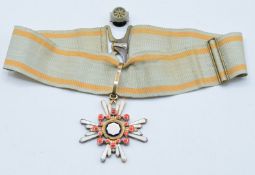 Japan Order of the Sacred Treasure Medal with neck attachment and lapel pin, in lacquered box