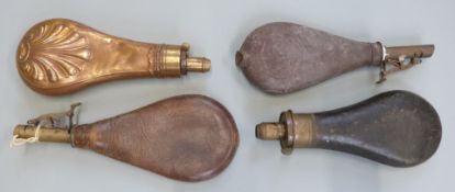 Four shot and powder flasks comprising one embossed copped by G & JW Hawksley, one leather covered