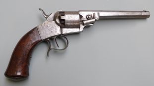 F Kinapen Belgian 54 bore 5 shot single action percussion revolver with engraved frame, hammer, butt