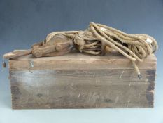 WW2 heavy metal block and tackle with original hemp ropes and maker's plaque, in wooden box with