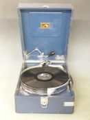 His Master's Voice c1950 portable wind-up gramophone with 11 popular 78rpm records including Danny