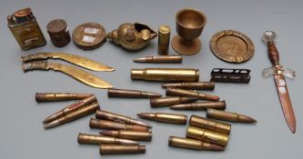 Small collection of trench art and inert ammunition including a pair of miniature kukri knives,