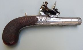 Henry Nock of London flintlock hammer action pocket pistol with engraved lock, underside, thumb