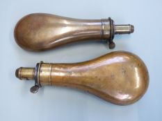 Two James Dixon & Sons copper and brass powder flasks, largest 20cm long.