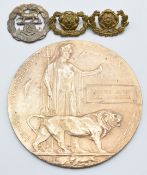 British Army WW1 Memorial Plaque / Death Penny for Francis James Fred Paradice with three badges for