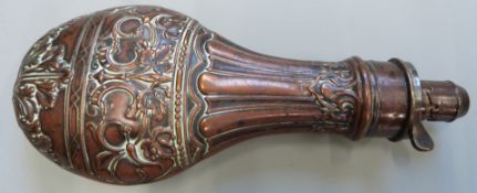 G & J W Hawksley copper and brass powder flask with embossed aesthetic style acanthus leaf