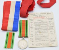 WW2 British Defence Medal for J R Fitch with box and postal envelope addressed to J R  Fitch,
