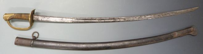 French 19thC Cavalry sword, 1876 and 1822 dates to top edge of 90cm fullered curved blade, with