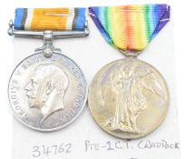 Royal Air Force WW1 medal pair War Medal and Victory Medal named to 34762 Pte C T Craddock, RAF,