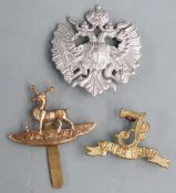 1st King's Dragoon Guards, Seaforth Highlanders and Hertfordshire Yeomanry metal badges