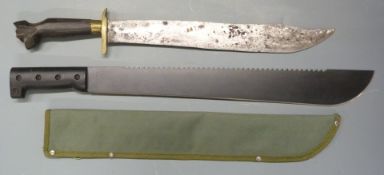 Two machetes, one with wooden grip, the other with plastic and China to 35cm blade. PLEASE NOTE