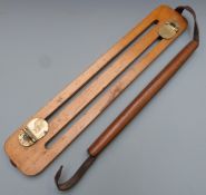 James Dixon & Sons wooden game carrier with brass mounts and wood and leather handle, 50cm long