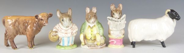 Five Beswick items comprising Beatrix Potter figures including Tailor of Gloucester, a Highland calf