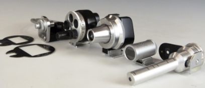 Leitz Viooh variable viewfinder, similar Russian example, Canon 100mm viewfinder, Stewartry variable