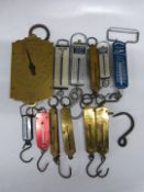 Twelve Salter spring balances including GPO 120lb, retro air travellers 50lb, Hughes's and Maw's