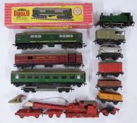 Fourteen Hornby Dublo 00 gauge model railway locomotives, coaches and wagons including 2-rail BR