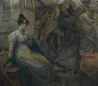 Edgar Bundy ARA, RBA, RI (1862-1922) watercolour 'The Wallflower' lady seated whilst everyone else