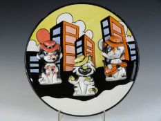 Lorna Bailey limited edition 14/100 charger with relief moulded decoration of three mobster cats,