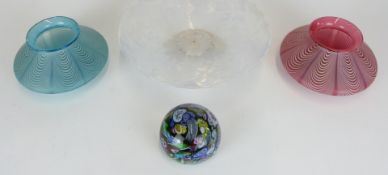 A pair of matt glass vases of squat form with pulled feather decoration together with an