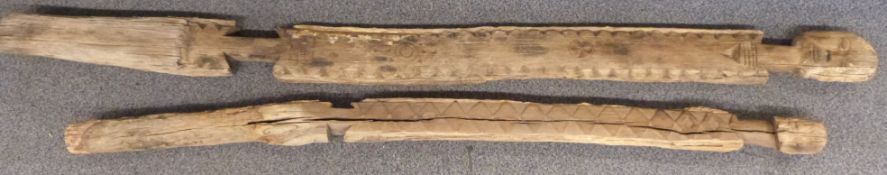 Two African tribal Giriama / Mijikenda carved wood figural grave markers / memorial posts, for