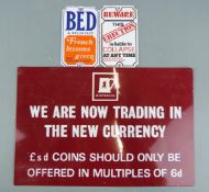 Whitbread 1970s metal sign advertising the use of decimal currency, 20 x 30cm