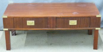 Brass bound campaign style coffee table, W102 x D46 x H40cm